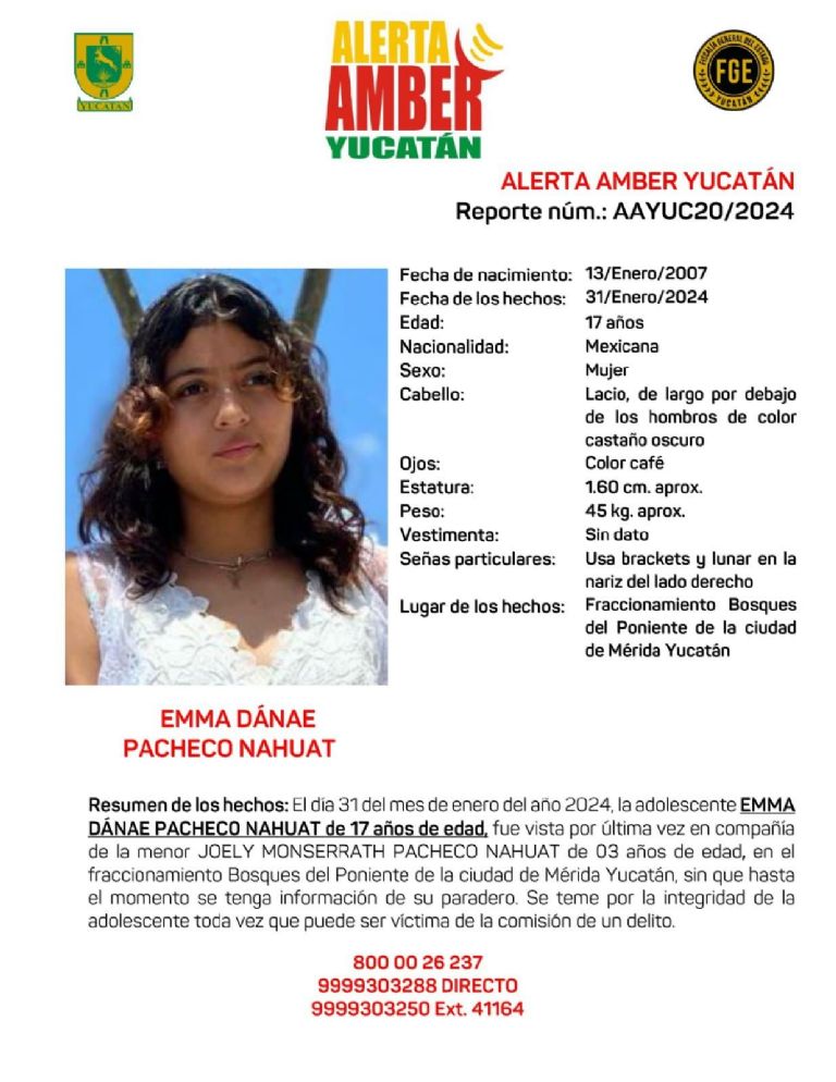 Alerta Amber en Yucatán Reportan la desaparición de una joven junto a