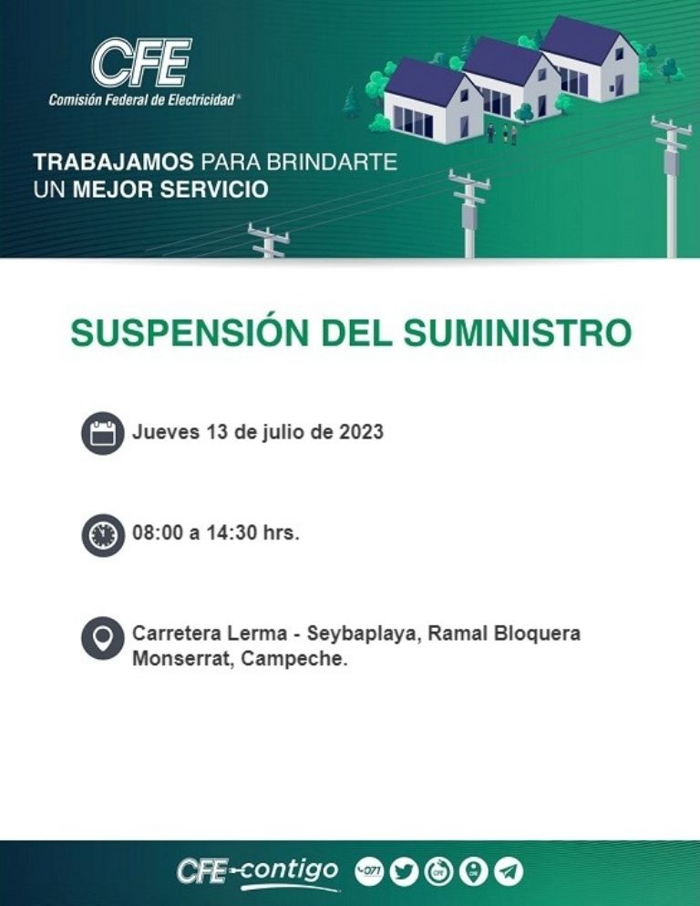 CFE anuncia una suspensión de energía en Campeche para este jueves 13