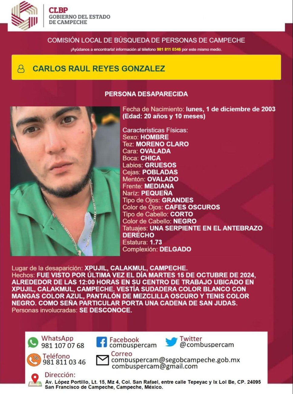 Desaparece joven de 20 años en Xpujil, Calakmul