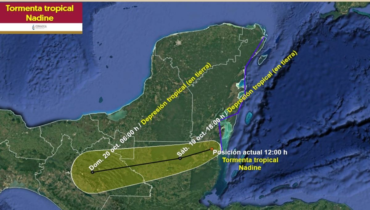 La Tormenta Tropical Nadine se localiza a 140 km al sur-suroeste de Chetumal