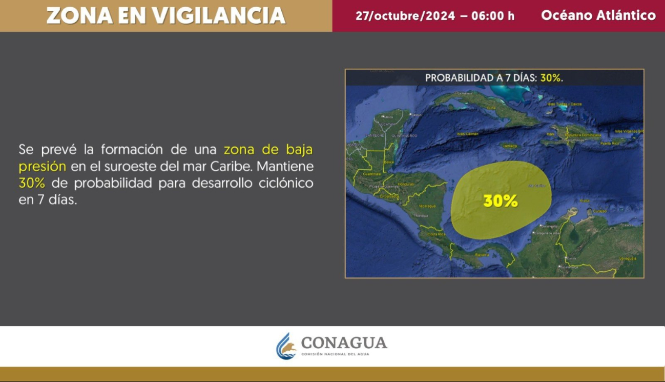 Vigilan zona de baja presión en el suroeste del mar Caribe