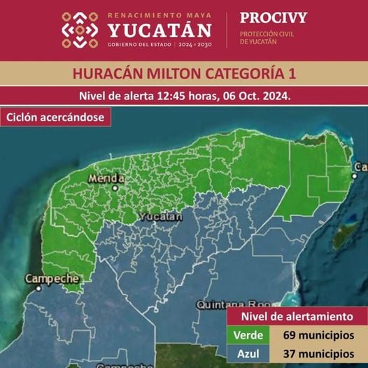 69 municipios de Mérida en Alerta Verde por Milton