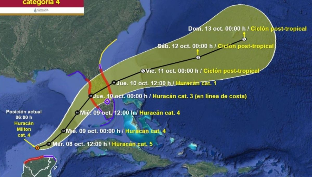 Huracán Milton categoría 4 se mantiene cerca de las costas de Yucatán y Quintana Roo