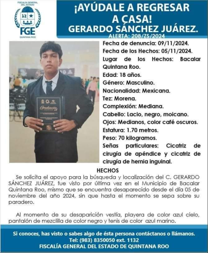 El joven Gerardo Sánchez es reportado como desaparecido en Bacalar.