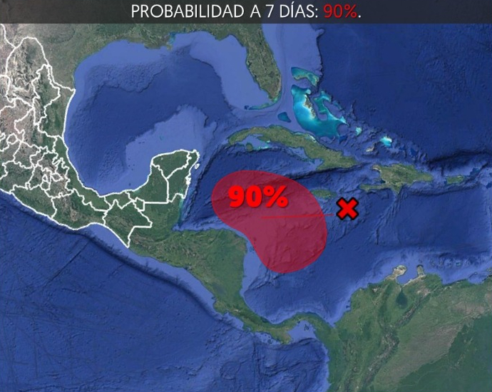 La zona de baja presión se encuentra a 1,255 km de Cancún