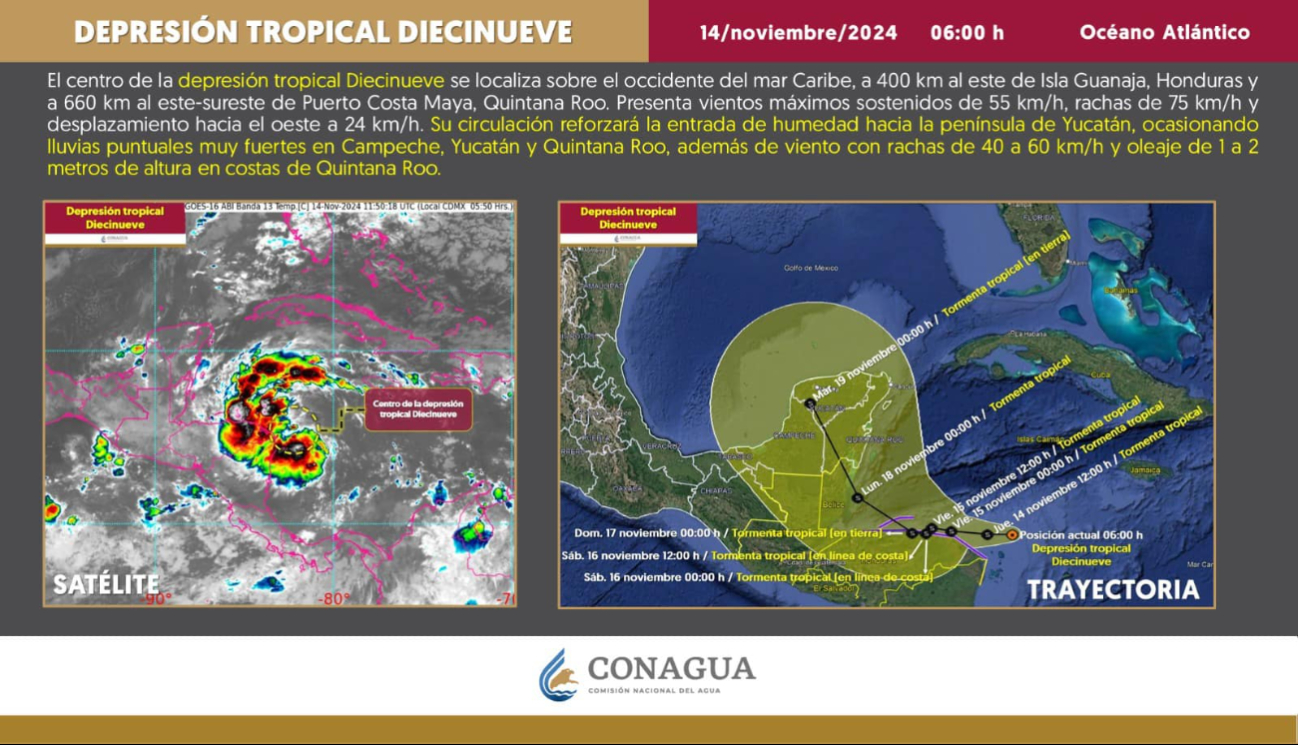 La Depresión Tropical Diecinueve generará lluvias puntuales