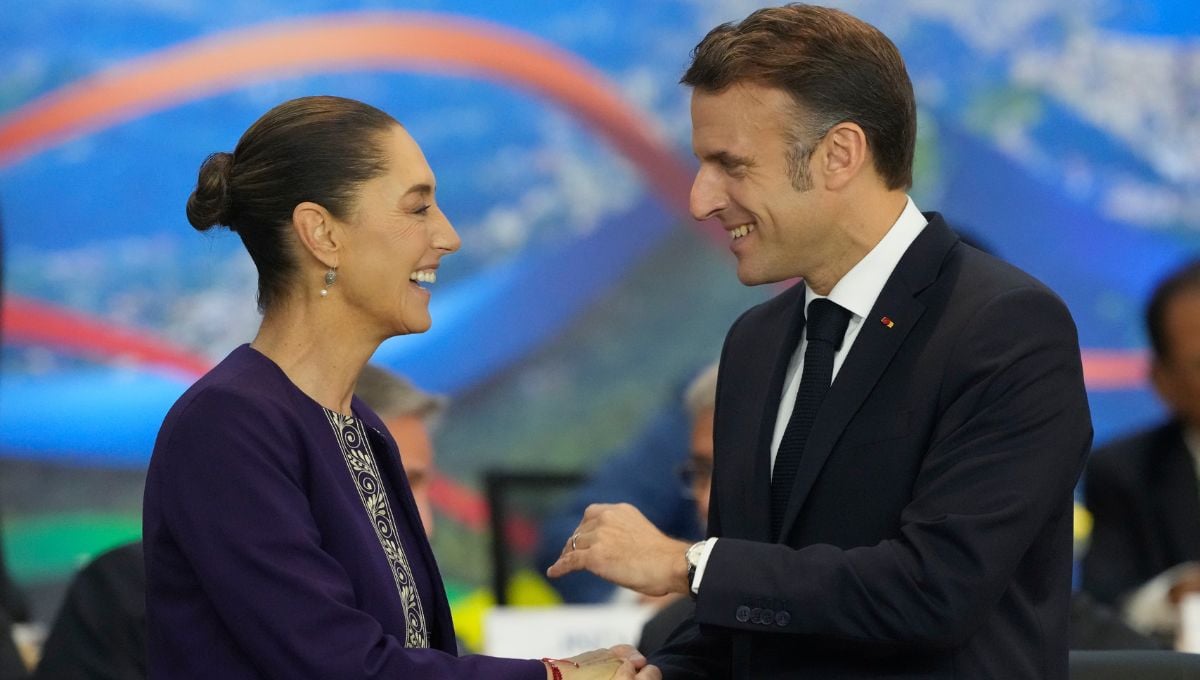 Presidenta Claudia Sheinbaum junto a su homólogo francés, Emmanuel Macron