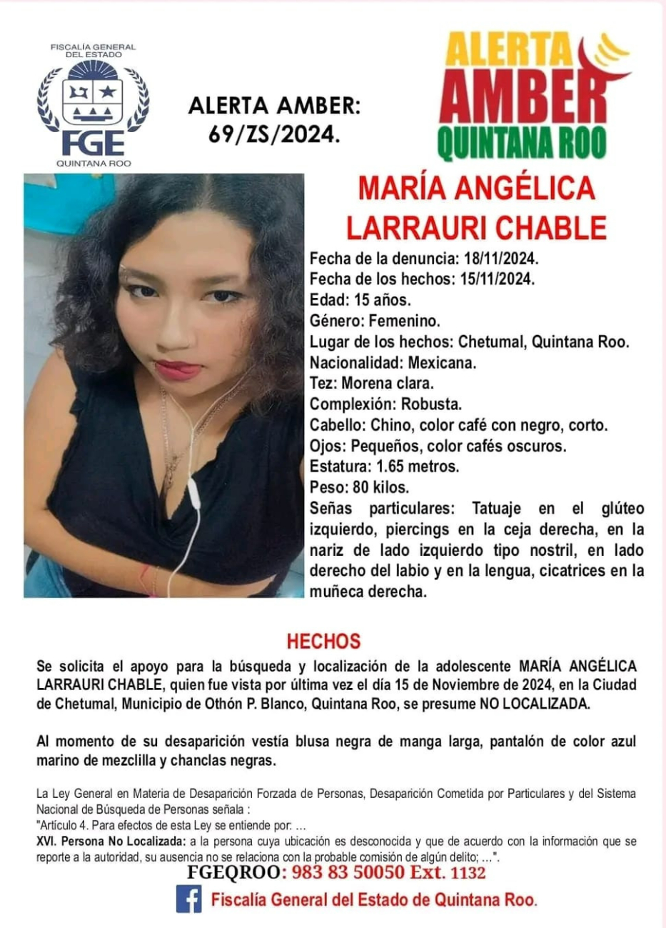 Autoridades emiten Alerta Amber tras desaparición de María Angélica Larrauri Chablé.