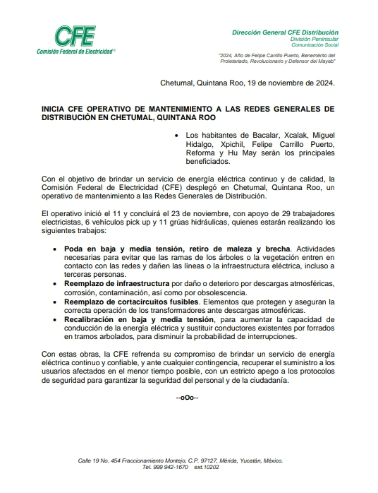 CFE comparte declaración sobre actividades en la región.