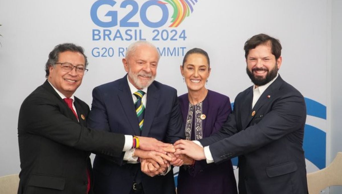 La presidenta de México, Claudia Sheinbaum, junto a sus homólogos de Colombia, Gustavo Petro; Brasil, Luiz Inácio Lula da Silva y Chile, Gabriel Boric