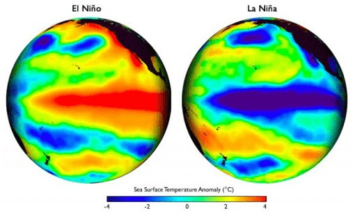 La imagen de NOAA muestra anomalías de temperatura marina: azul para aguas más frías y rojo para más cálidas.