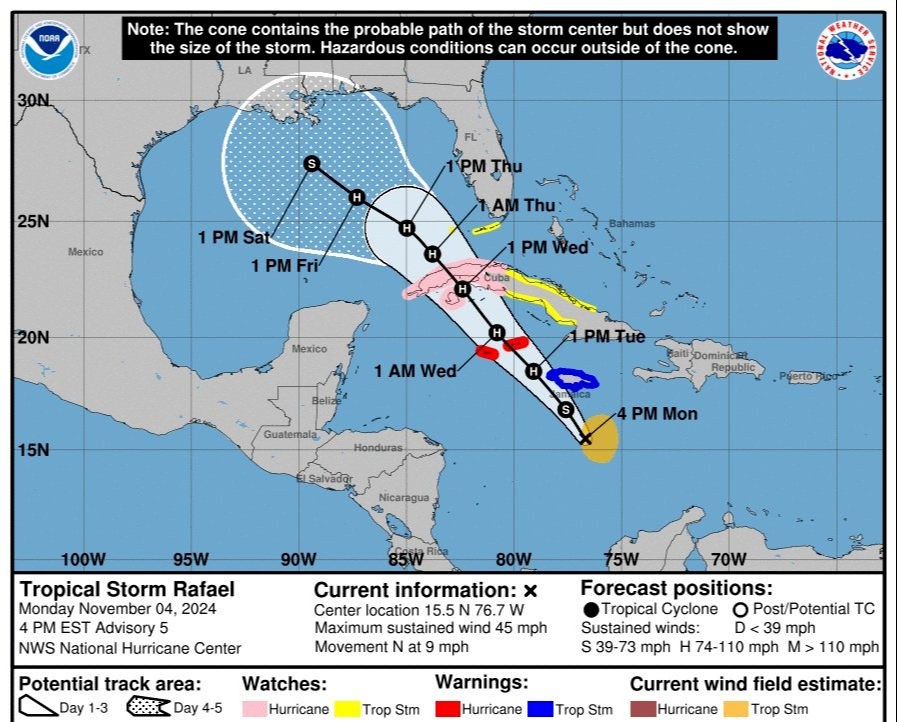 Rafael podría intensificarse a huracán categoría 1 el miércoles, con probabilidad de tormentas fuertes en Quintana Roo y Yucatán