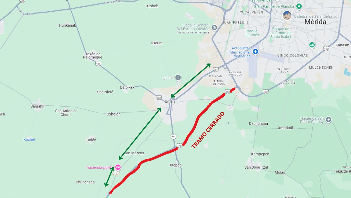 Se recomienda a los conductores usar la ruta alterna de Mérida hacia Umán y luego salir por Poxilá para evitar la zona de riesgo