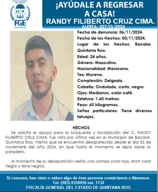 Activan ficha de búsqueda por joven desaparecido en Bacalar.