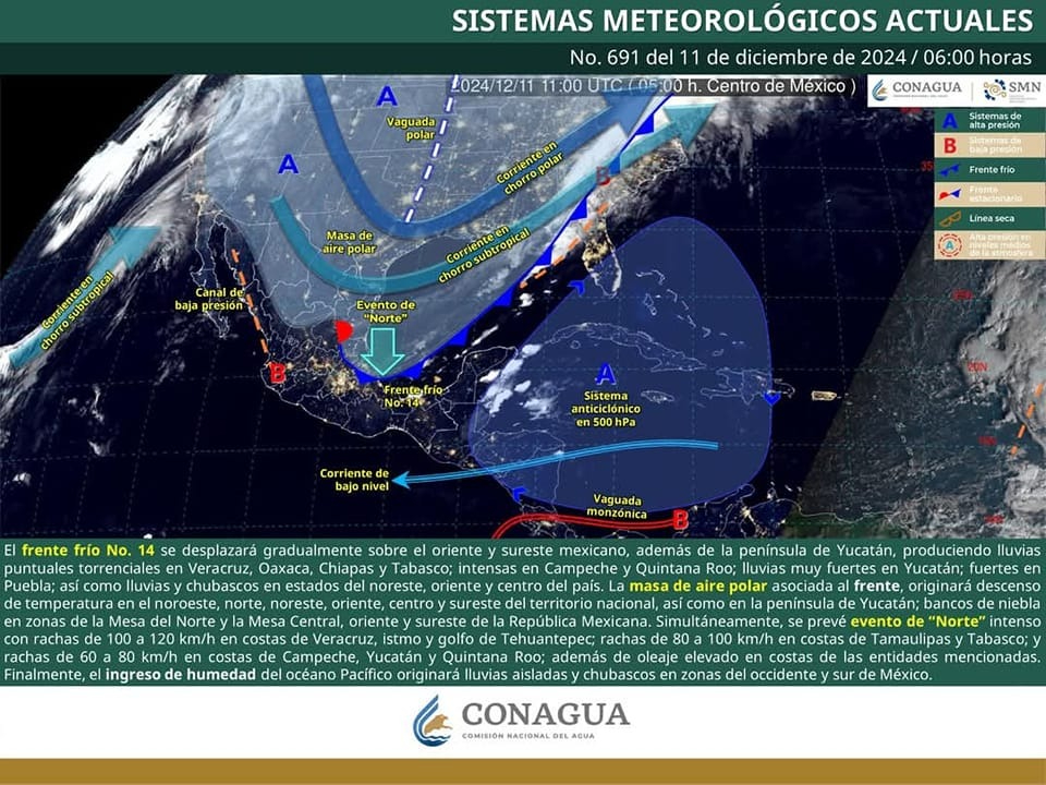 Por frente frío 14 se mantendrán lluvias.