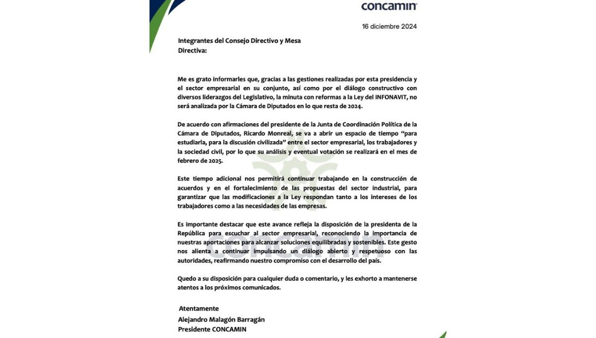 Comunicado de la Concamin respecto a la ley del Infonavit