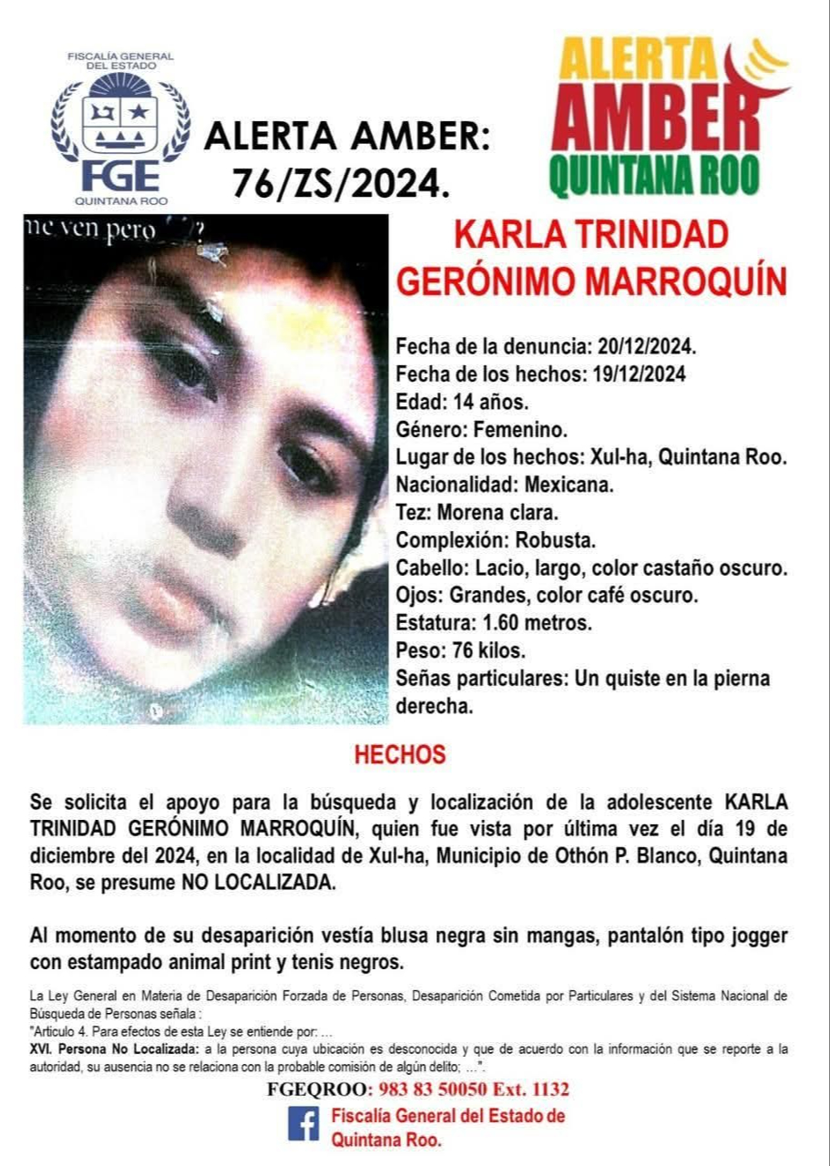 Karla, la joven desaparecida fue vista por última vez en la comunidad othonense de Xul-Ha