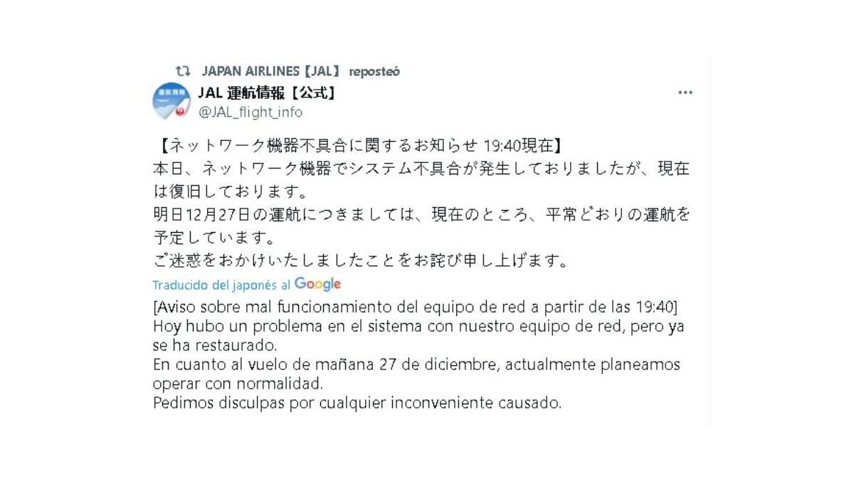 El Gobierno japonés solicitó a la aerolínea acelerar la reparación de los sistemas afectados