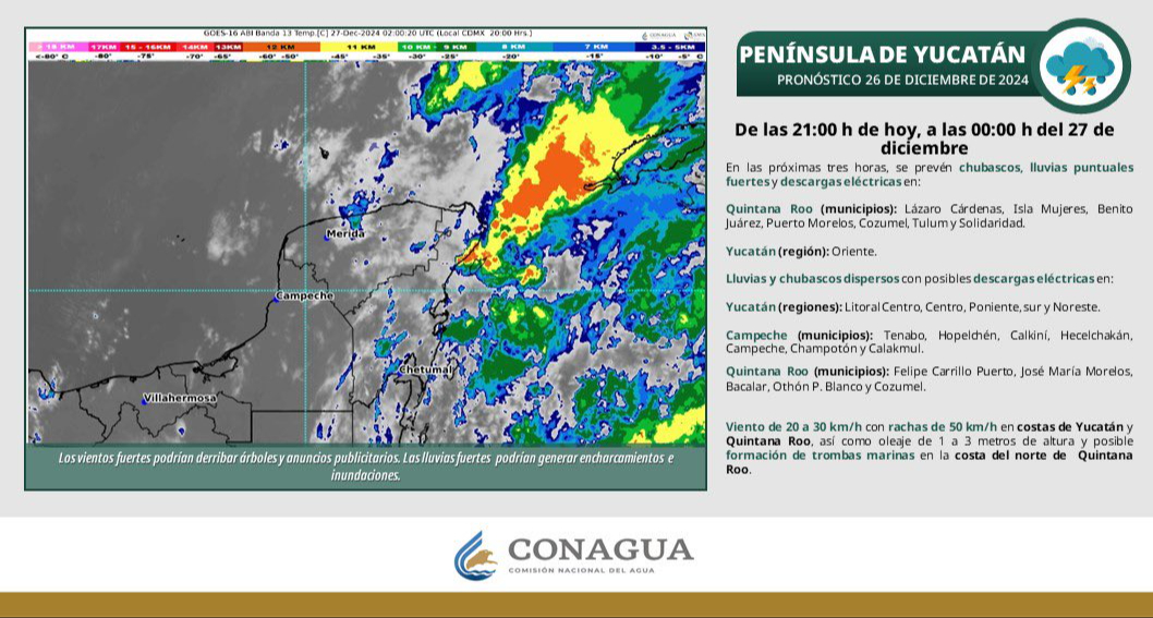 Municipios de Campeche, Yucatán y Quintana RoO deben tomar precauciones por fuertes lluvias.