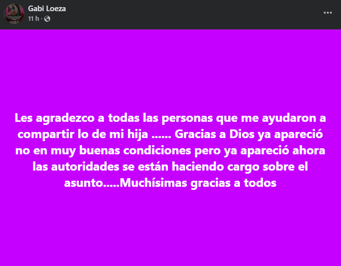 La madre de la menor reveló que fue encontrada en no muy buenas condiciones