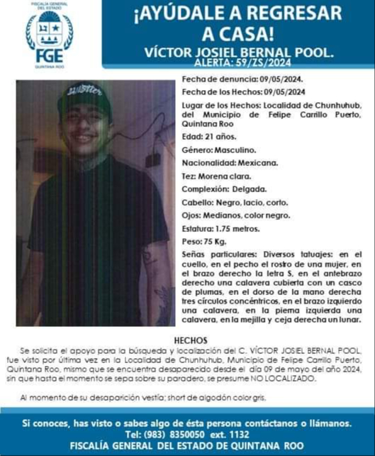 La FGE de Quintana Roo emitió una ficha de búsqueda tras la desaparición de Víctor Joel