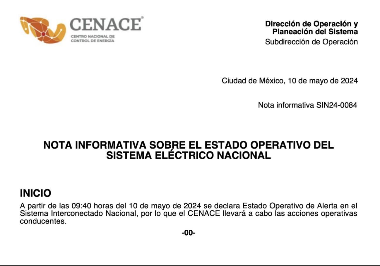 Por cuarto día consecutivo, el CENACE declaró alerta operativa en el sistema eléctrico
