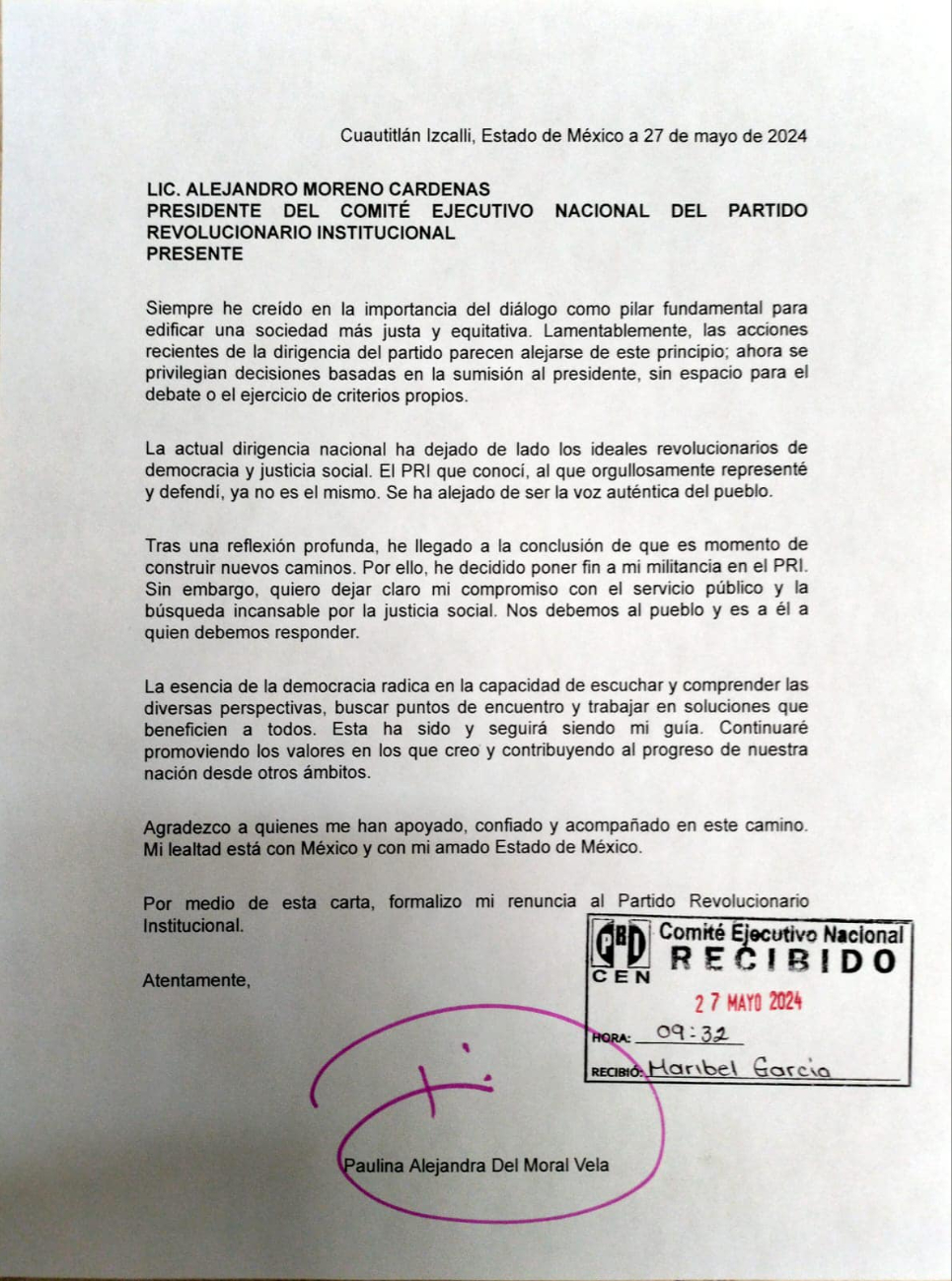 Alejandra del Moral envió una carta al dirigente del PRI
