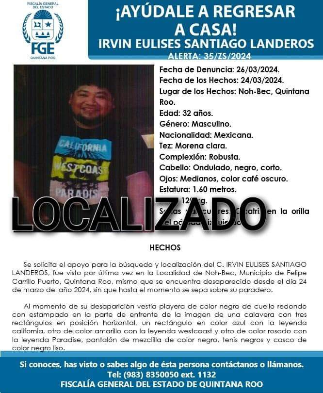 Hombre desaparecido en Felipe Carrillo Puerto