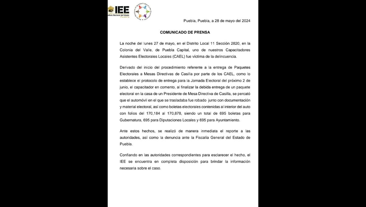El Instituto Estatal Electoral de Puebla denunció el robo de boletas electorales