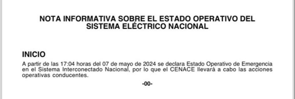 CENACE reporta Estado Operativo de Emergencia en el Sistema Interconectado Nacional / RRSS