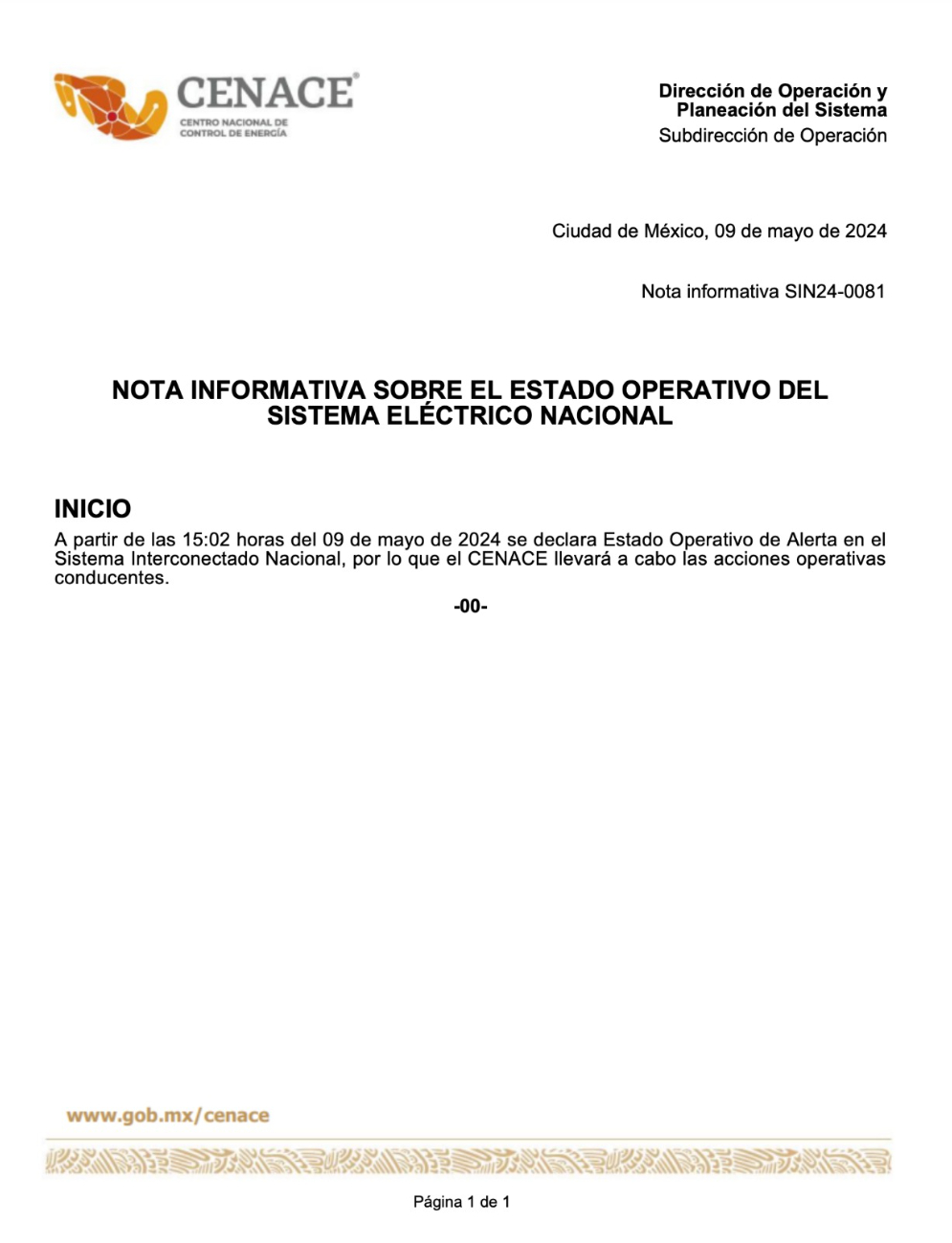 Comunicado de CENACE sobre el Estado Operativo de Alerta en México