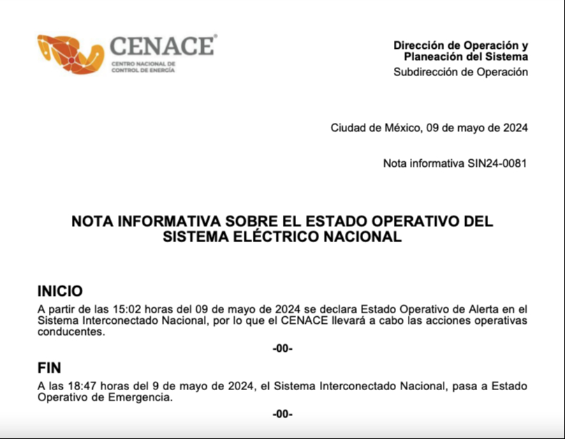 Comunicado de la CENACE sobre el Estado Operativo de Emergencia