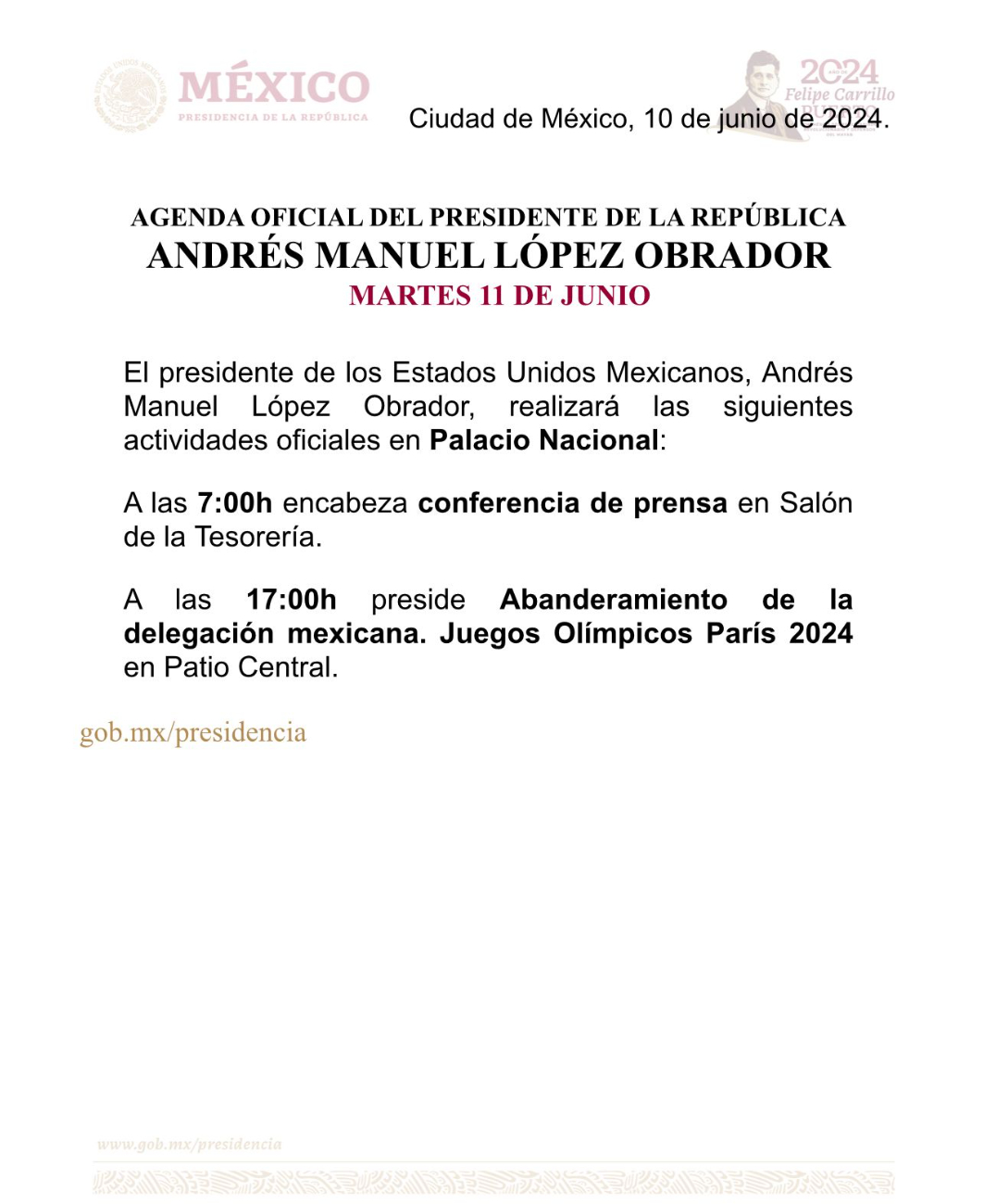 Agenda oficial del presidente Andrés Manuel López Obrador para este martes