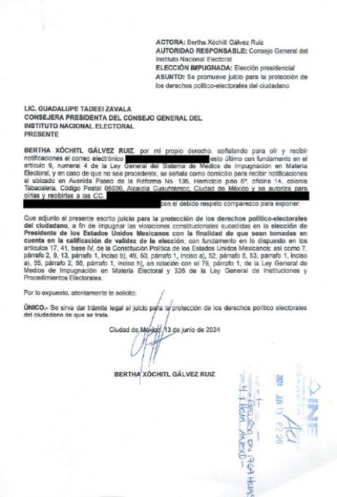 Documento que Xóchitl Gálvez presentó ante el INE