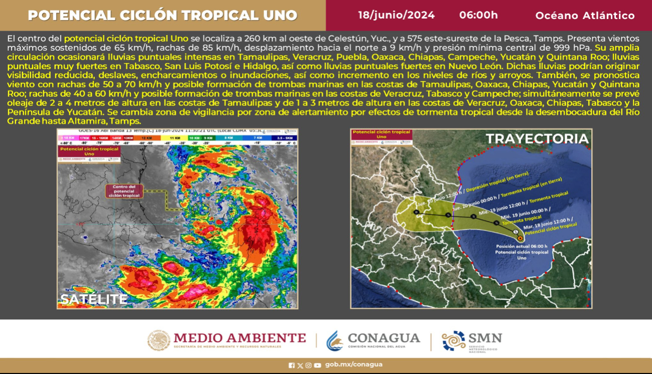 El Potencial Ciclón Tropical Uno se localiza a 260 km al oeste de Celestún, Yucatán: SMN