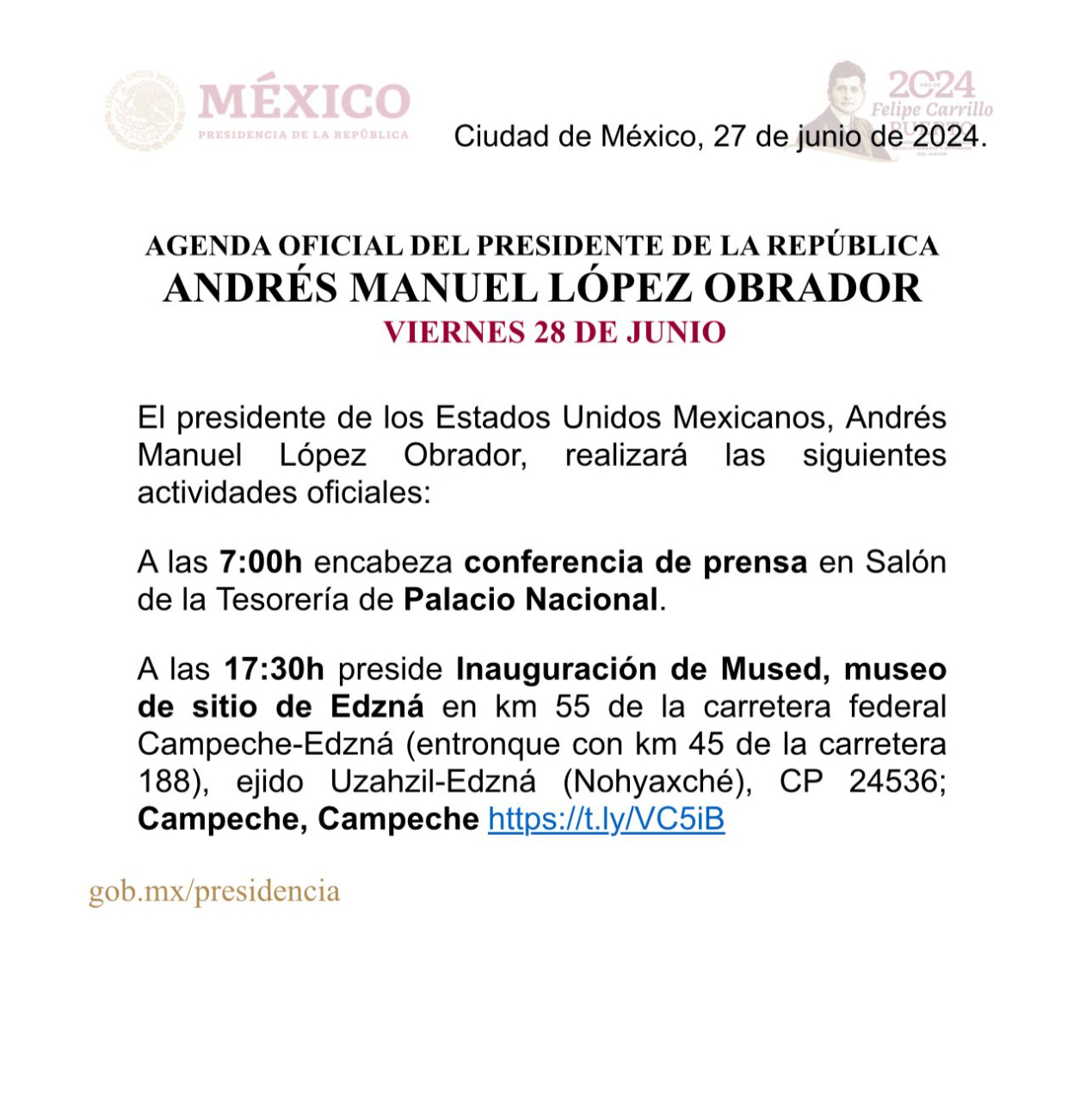 Agenda del presidente Andrés Manuel López Obrador para el viernes 28 de junio