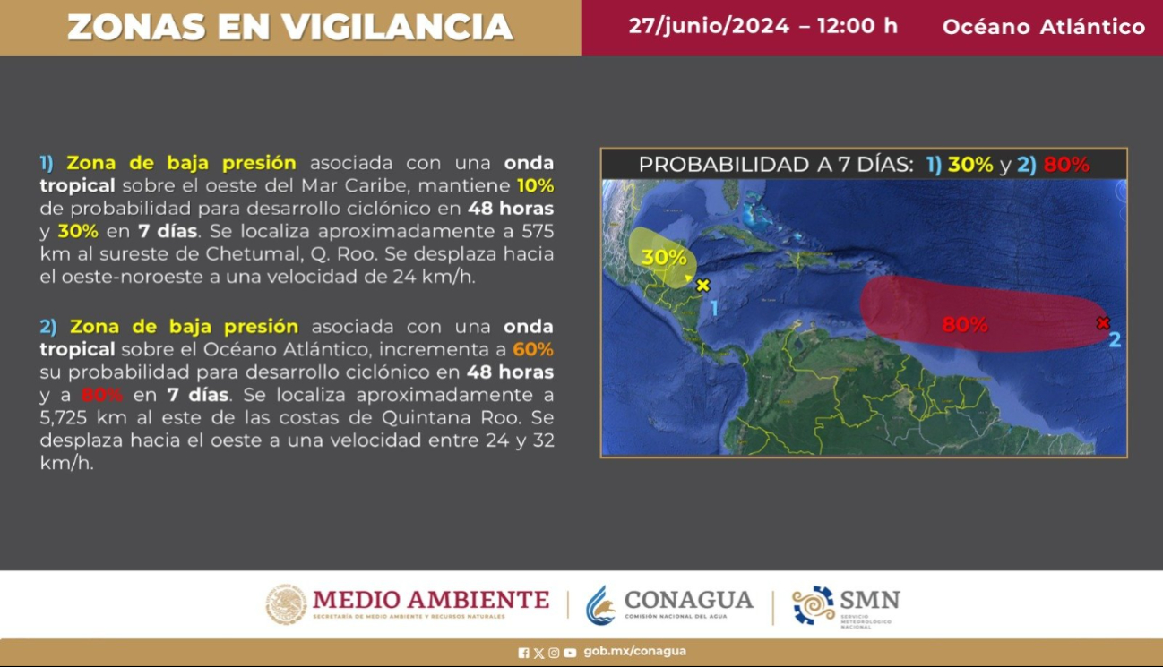 Dos zonas de baja presión amenazan a la Península de Yucatán