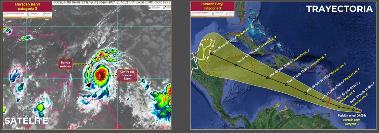 El Huracán Beryl evolucionará a categoría 4 este lunes, detalló la Conagua