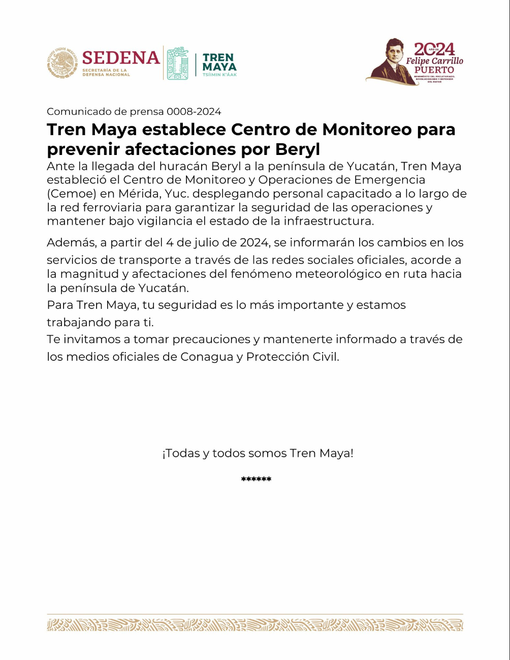 El Tren Maya se encuentra informando sobre sus operaciones