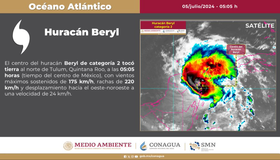 El huracán Beryl tocó tierra a las 05:05 horas al norte de Tulum