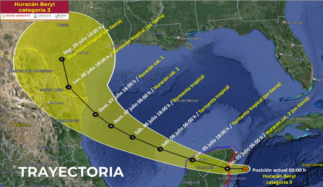 Esta es la trayectoria del huracán Beryl de acuerdo al último reporte de Conagua