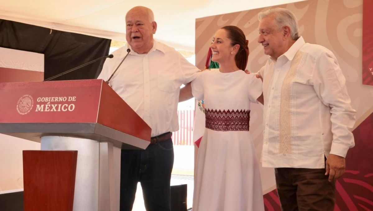 Gobernador de Baja California Sur, Victor Castro, la virtual presidenta electa, Claudia Sheinbaum y el presidente de la República, Andrés Manuel López Obrador