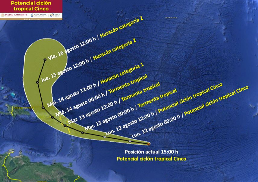 Trayectoria del Potencial Ciclón Tropical Cinco en el Atlántico