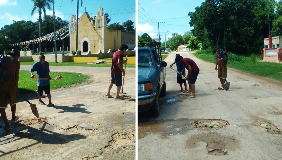 José Evelio Pantí Hoyos, comisario municipal de Xcupil, rellenó baches con escombro ante la falta de respuesta del Ayuntamiento y el gobierno del Estado.