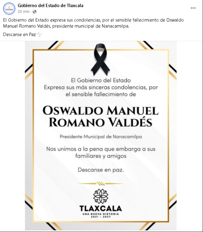 Condolencias del Gobierno de Tlaxcala