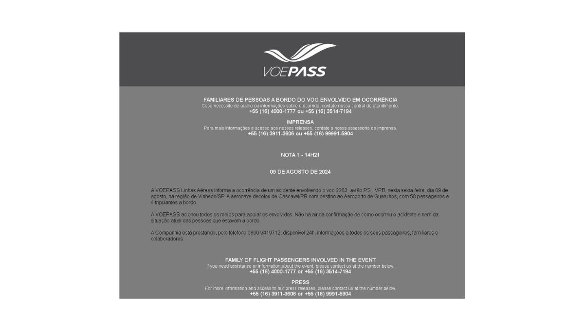 Comunicado de la aeroñínea VoePass