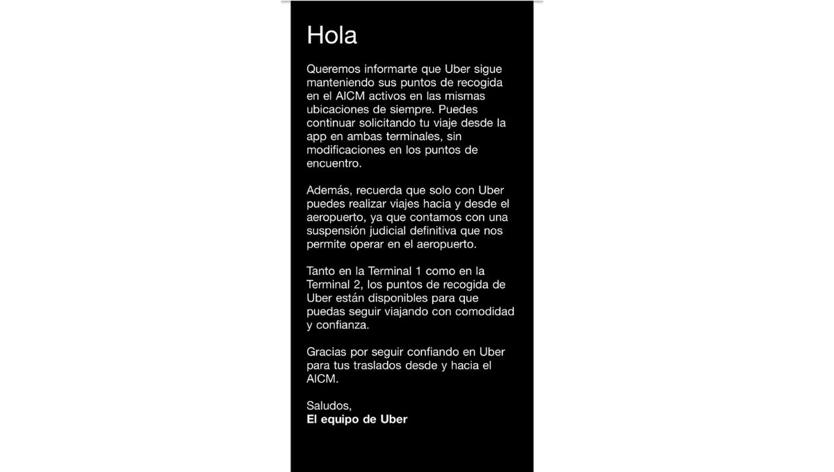 Aviso de Uber a sus usuarios