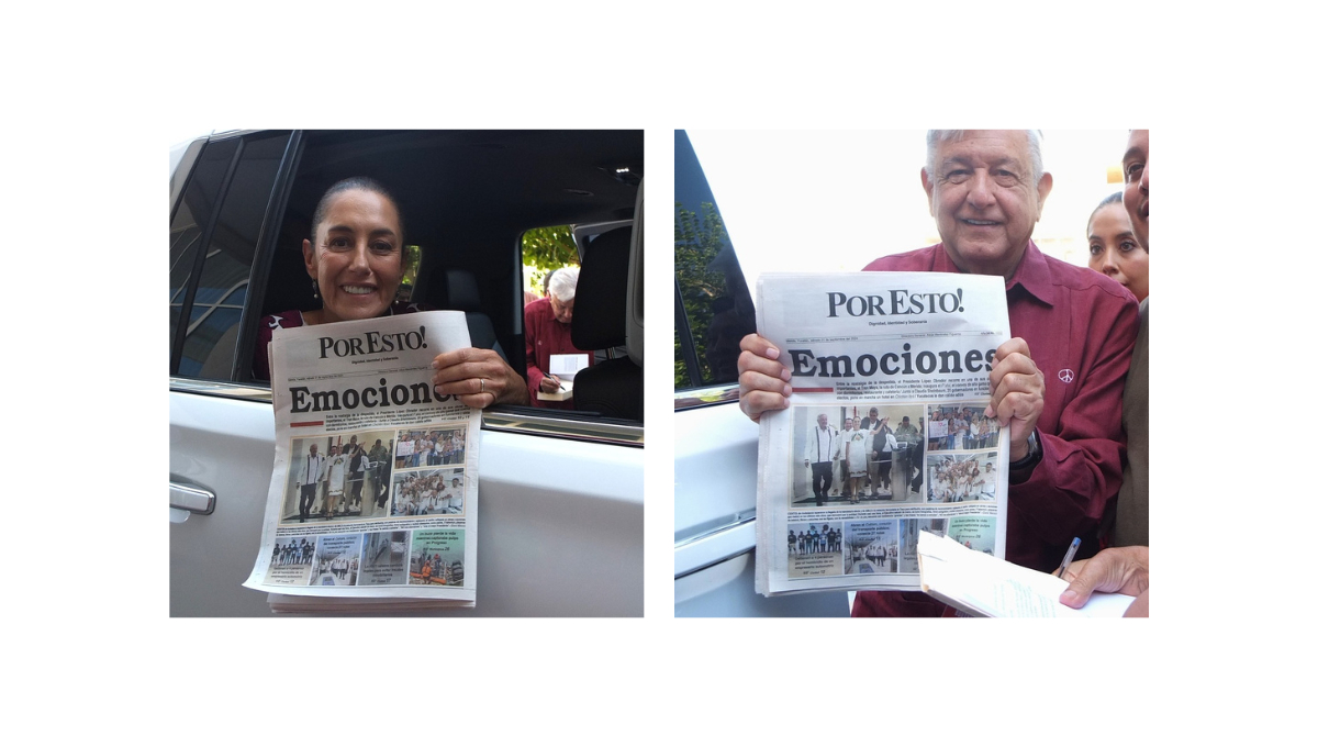 AMLO y Claudia recibieron su ejemplar del día del periódico POR ESTO!, donde aparece en la contraportada