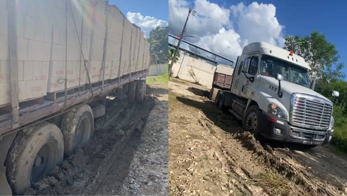 Un tractocamión se atascó en la calle 44 A por 31B de la colonia 10 de mayo debido a las malas condiciones de la vialidad