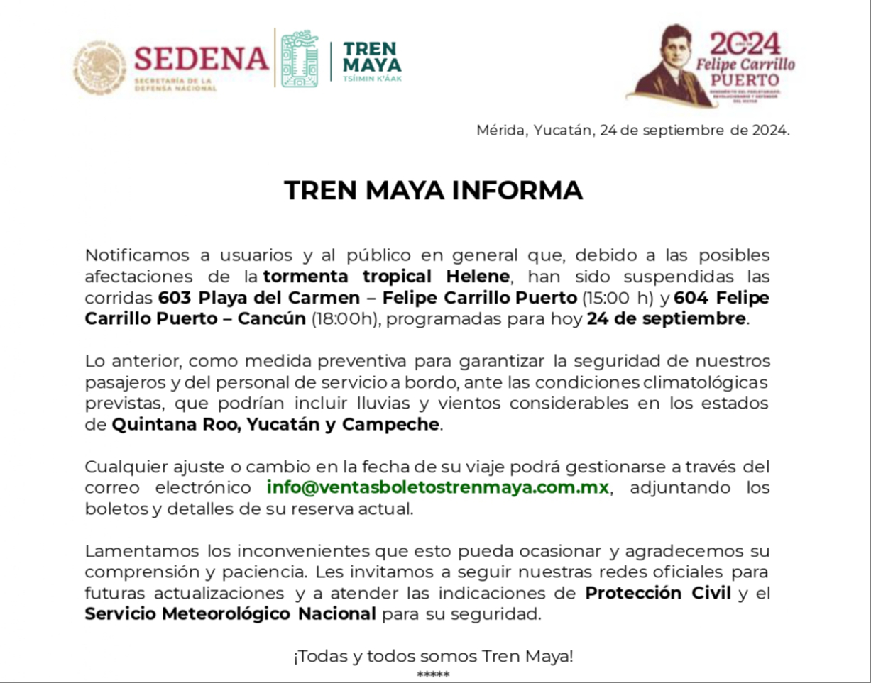 Comunican en redes suspensión de operaciones del Tren Maya por tormenta tropical Helene.